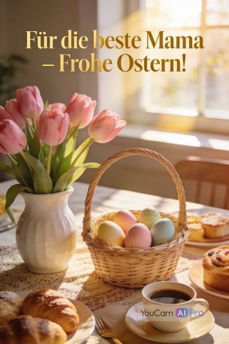 Festlicher Osterfrühstückstisch mit Tulpen, Osterkorb und Kaffee – personalisierter Ostergruß für Mama, erstellt mit YouCam AI Pro