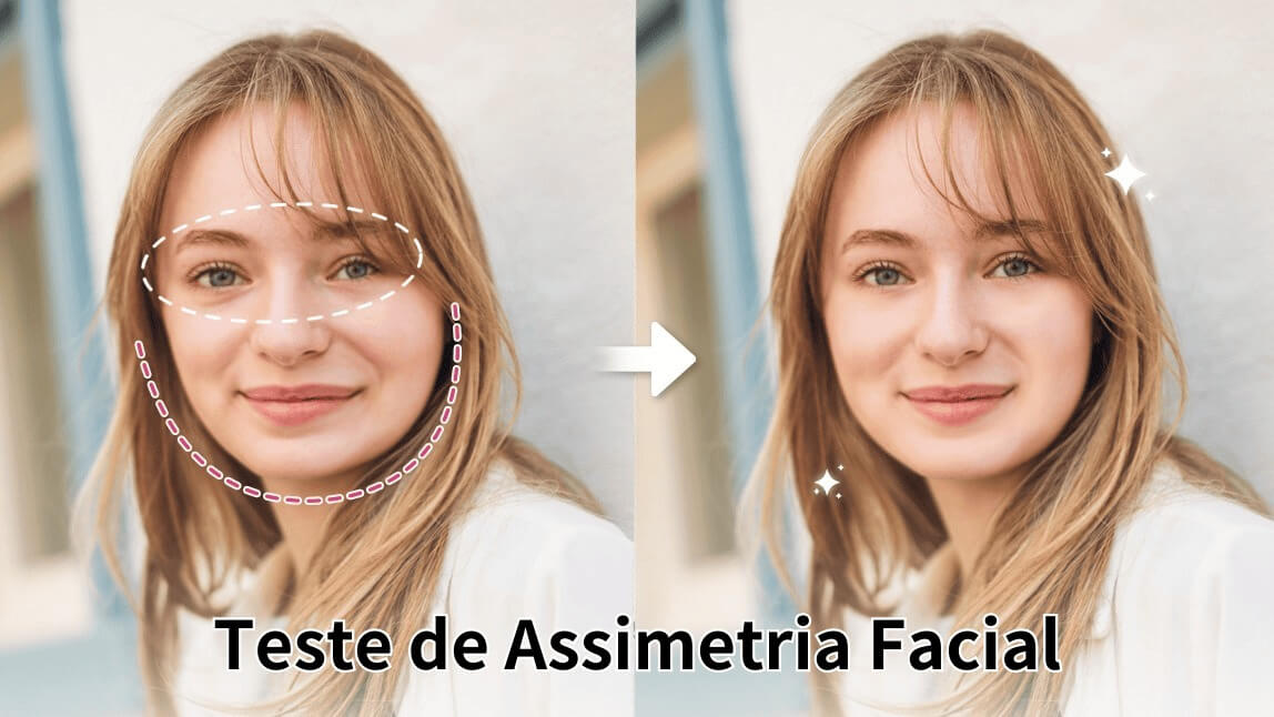 Antes e depois de correção de assimetria facial com o app YouCam Makeup usando IA para remodelar o rosto