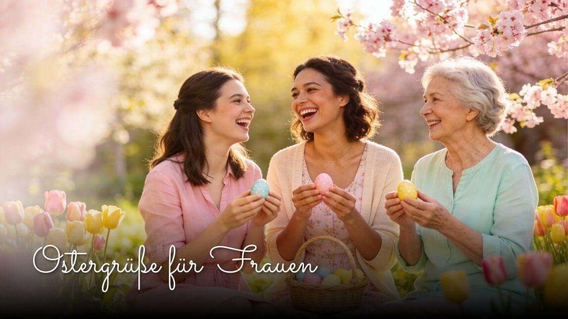 Drei Frauen verschiedener Generationen lachen gemeinsam im Frühlingsgarten und halten bunte Ostereier – Ostergrüße für Frauen