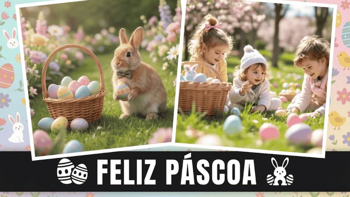 colagem de imagens de Páscoa geradas com IA mostrando coelhinho com ovos coloridos e crianças caçando ovos no jardim
