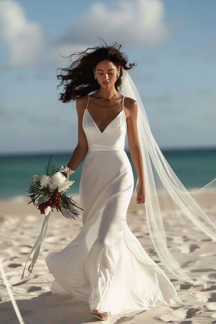 Fit and flare beach wedding dress structured elegant style