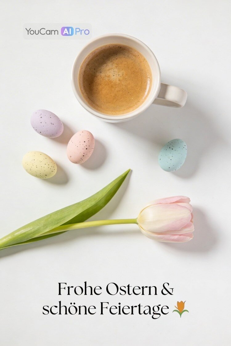 Minimalistisches Oster-Flat-Lay mit Kaffee, Tulpe und Pastelleiern auf weißem Hintergrund – Ostergruß für Kolleginnen, erstellt mit YouCam AI Pro