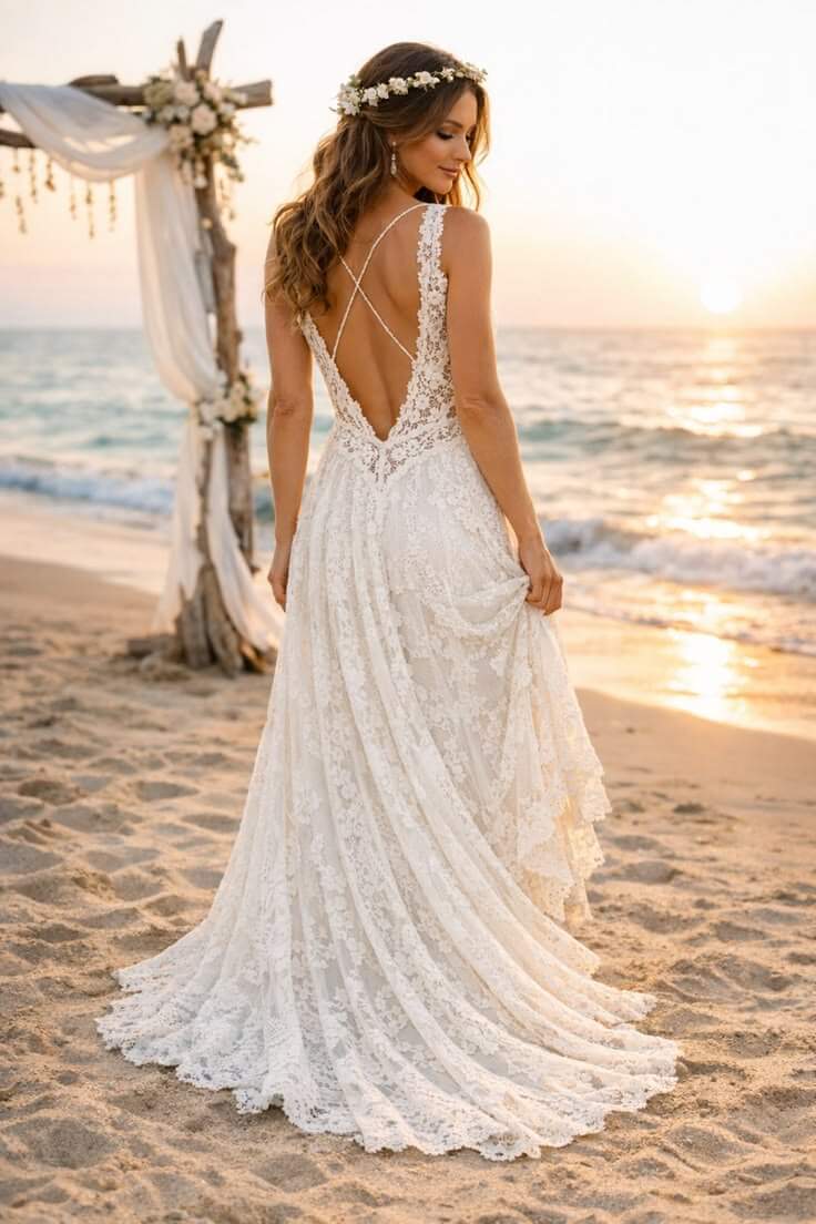 Boho beach wedding dress flowing lace seaside style