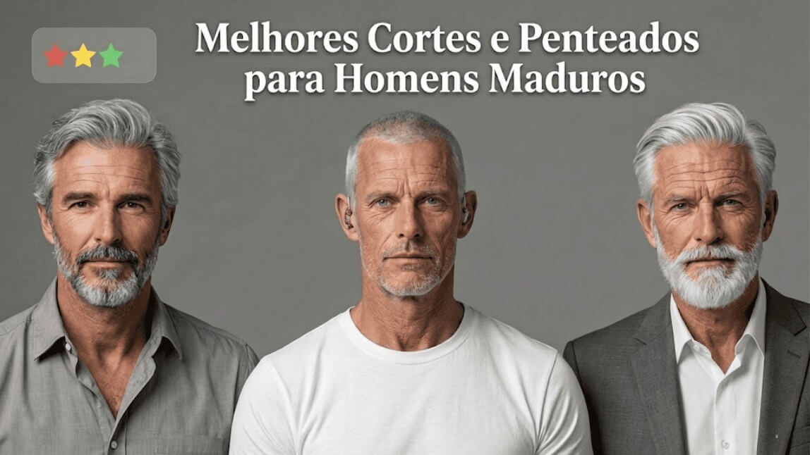 Três homens maduros com cortes de cabelo grisalhos modernos e estilosos em 2026