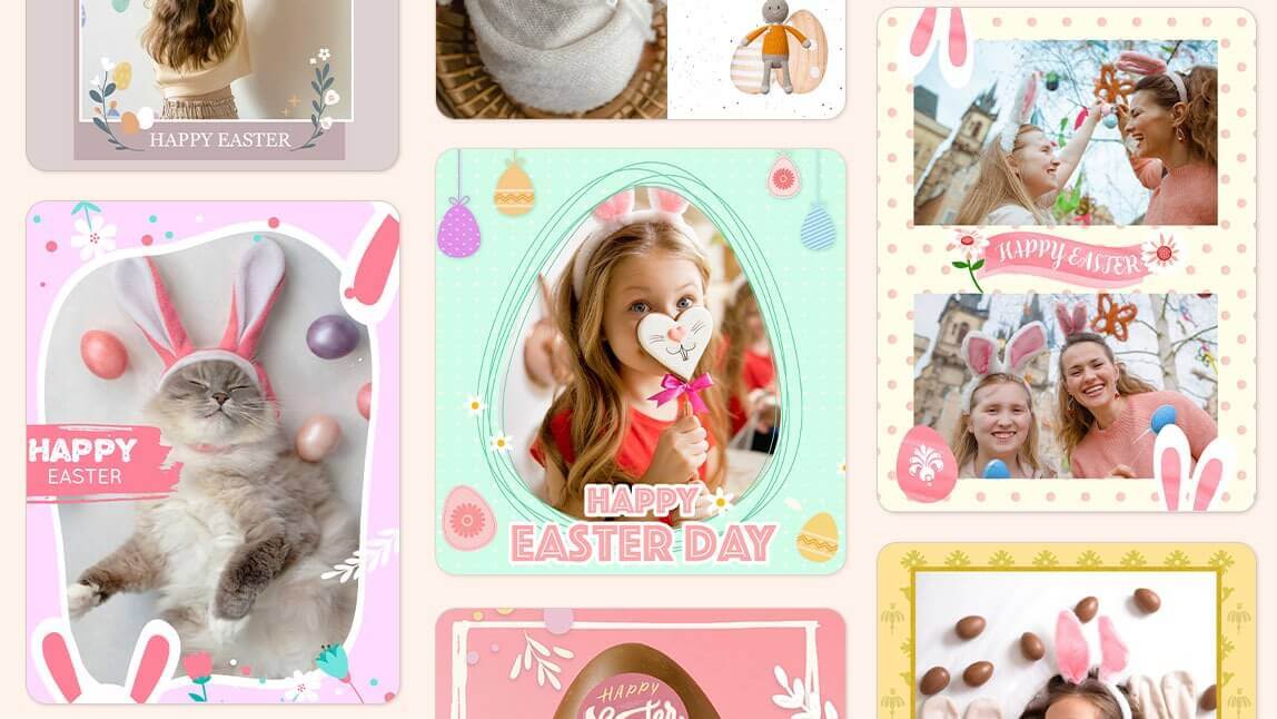 Verschiedene Osterkarten-Designs mit Hasenohren, Eiern, Kindern, Katzen und fröhlichen Ostergrüßen in bunten Farben.