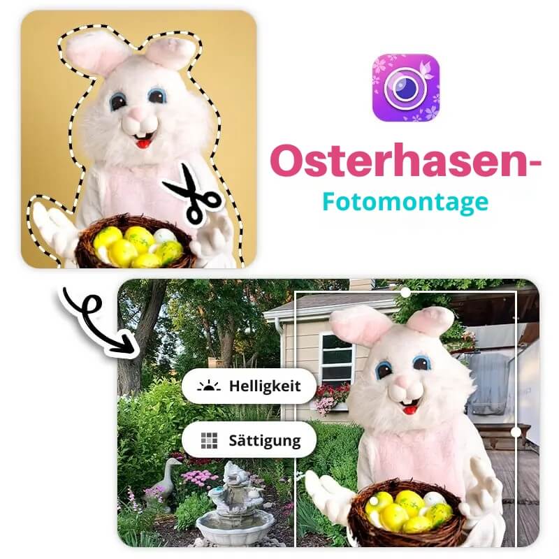 Osterhase wird aus Foto ausgeschnitten und in Gartenszene eingefügt.