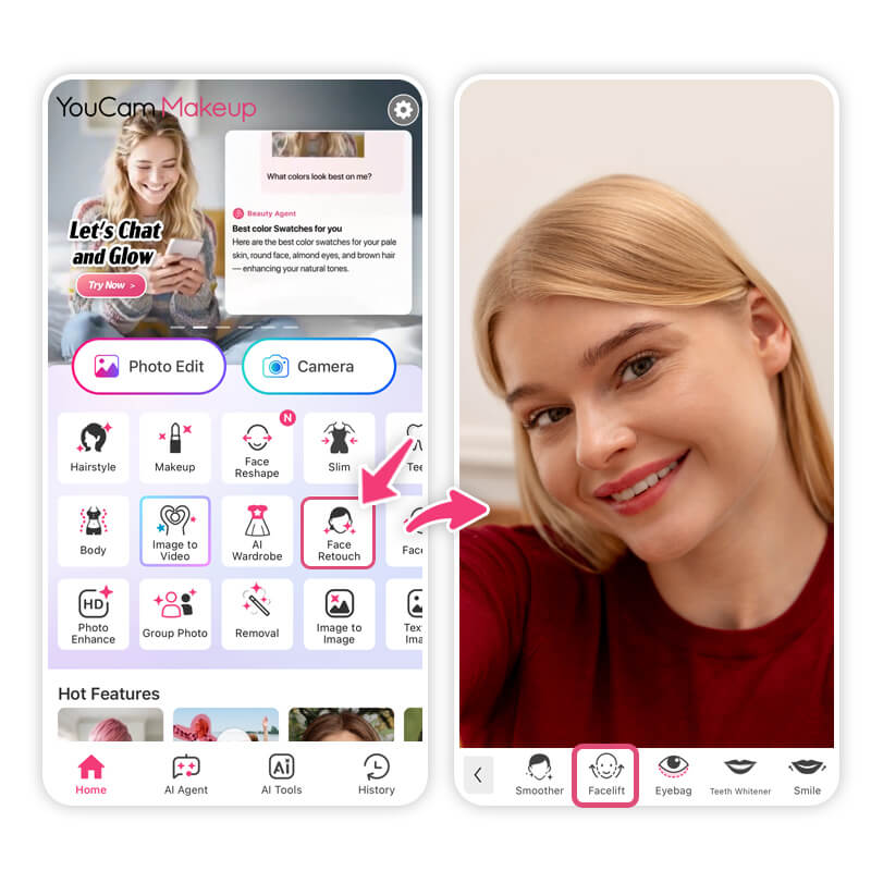 Menu do YouCam Makeup exibindo as ferramentas de edição de rosto e lifting facial virtual.