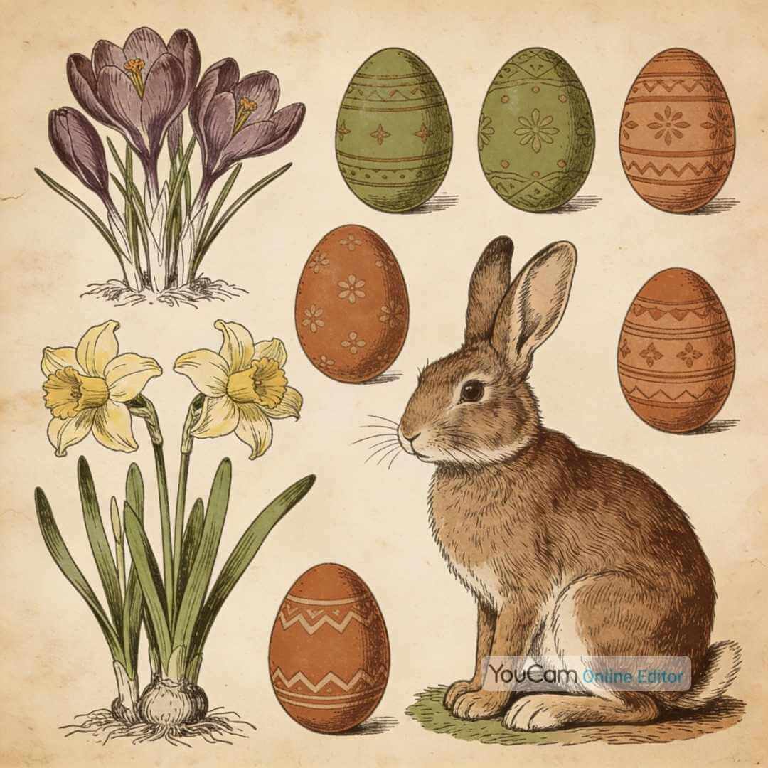 Vintage-Illustration mit Osterhase, bemalten Ostereiern, Krokussen und Narzissen im Naturkundebuch-Stil auf gealtertem Papier – erstellt mit YouCam Online Editor