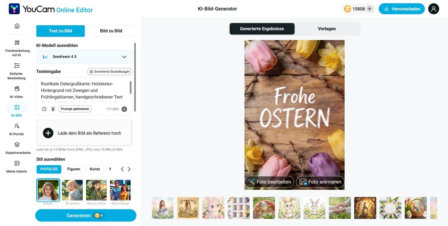 Screenshot des YouCam Online Editors mit KI-Bildgenerator: Seedream 4.5 Modell ausgewählt, generiertes Osterbild 'Frohe OSTERN' auf Holztextur mit Frühlingsblumen