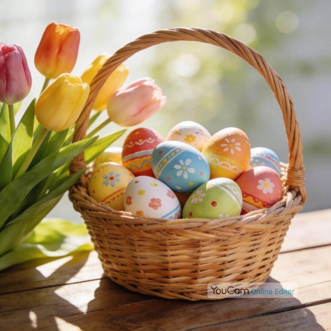 Weidenkorb voller bunt bemalter Ostereier neben frischen Tulpen auf einem Holztisch, warmes Sonnenlicht, fotorealistisches Osterbild – erstellt mit dem YouCam Online Editor