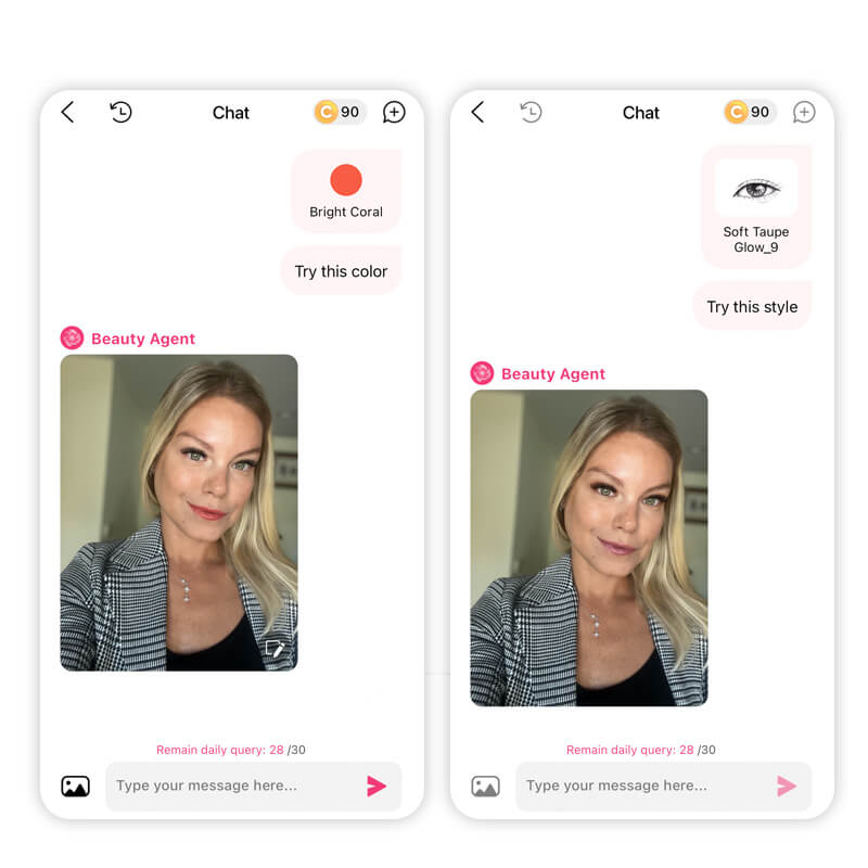 Usuária recebendo dicas personalizadas de maquiagem e moda baseadas na sua coloração pessoal pelo Agente de Beleza do YouCam Makeup.