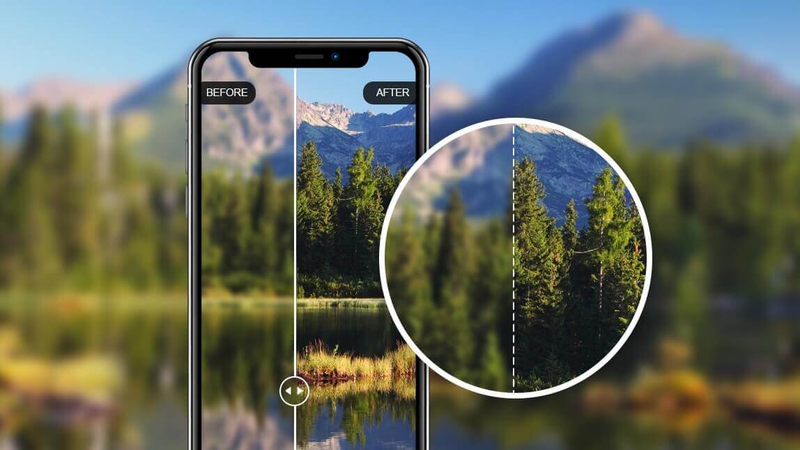 A before-and-after comparison of a blurry photo transformed into a clear, vibrant 4K image.