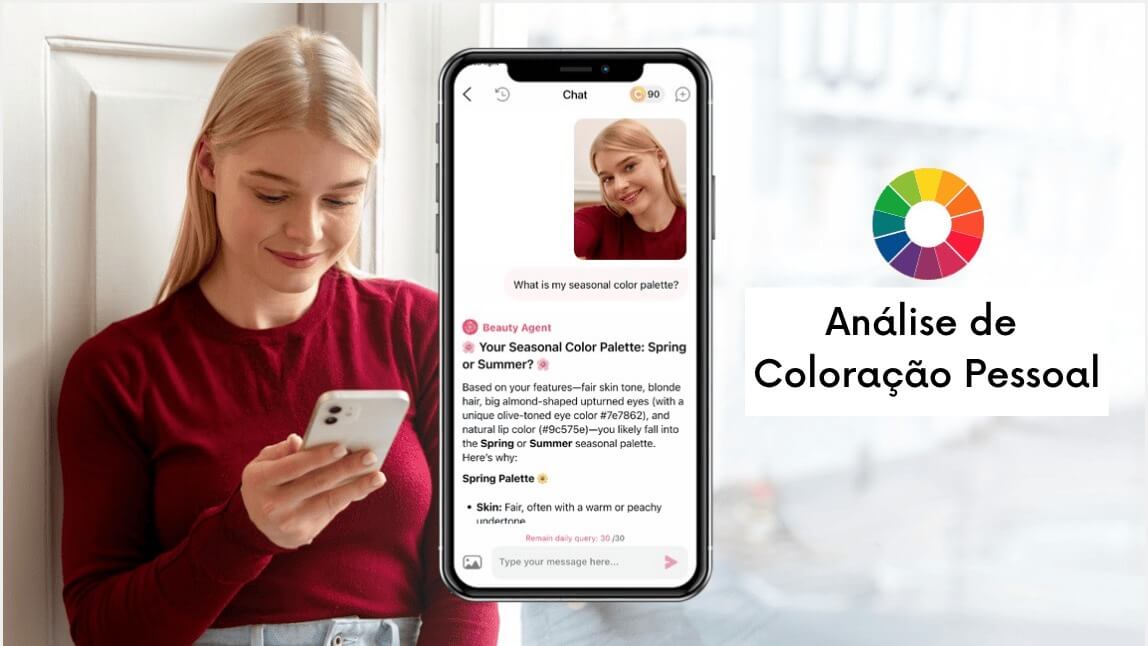 Mulher usando o app YouCam Makeup no celular para fazer análise de coloração pessoal com IA e descobrir sua paleta sazonal de cores.