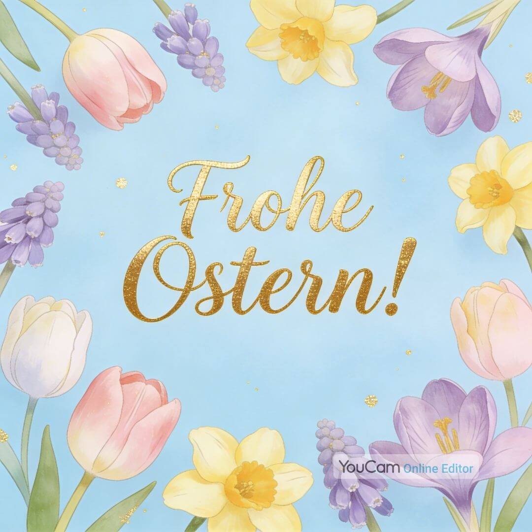 Elegante Ostergrußkarte mit goldenem 'Frohe Ostern!' Schriftzug, umrahmt von Aquarell-Frühlingsblumen in Pastelltönen auf hellblauem Hintergrund – erstellt mit YouCam Online Editor
