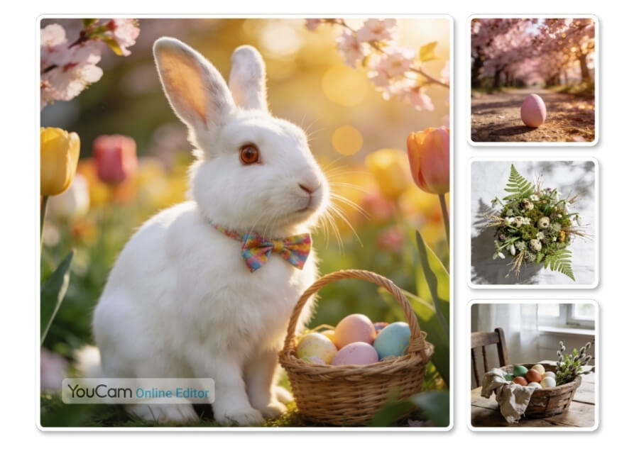 Weißer Osterhase mit bunter Schleife in einem Tulpengarten, daneben eine Collage mit Frühlingsszenen und Osterkorb – KI-generiertes Osterbild mit YouCam Online Editor