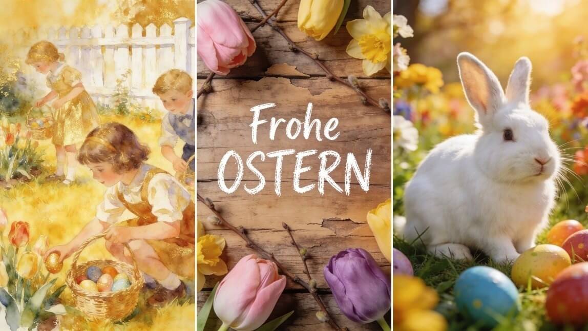 Drei KI-generierte Osterbilder nebeneinander: Vintage-Aquarell mit Kindern beim Ostereiersuchen, rustikale Holztextur mit 'Frohe OSTERN'-Schrift, und weißer Hase auf Frühlingswiese.