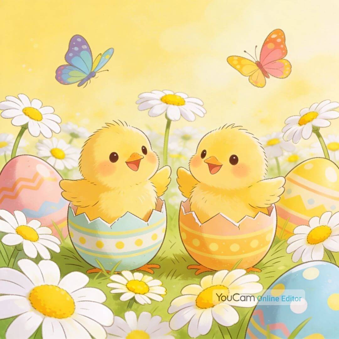 Zwei niedliche gelbe Küken schlüpfen aus bunten Ostereiern auf einer Gänseblümchen-Wiese mit Schmetterlingen – KI-generiertes Cartoon-Osterbild mit YouCam Online Editor