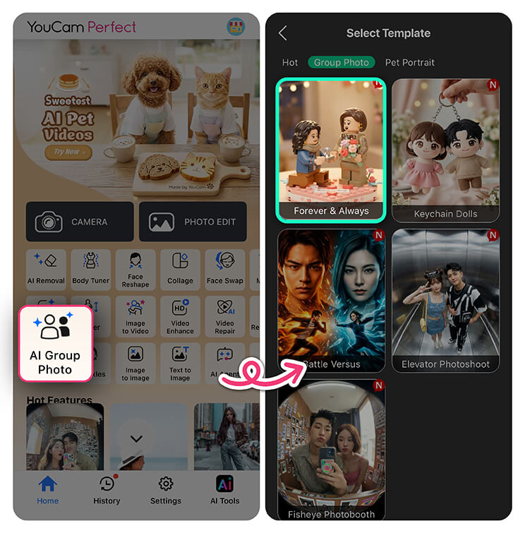 Create unique group photo in AI Lego style with YouCam Perfect app.