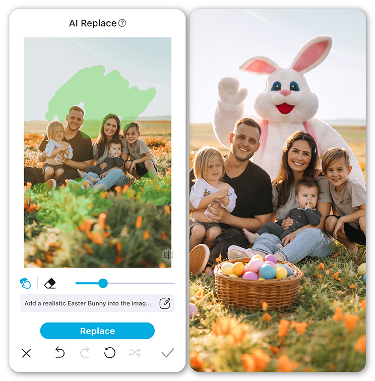 Create precious family photos by adding Easter Bunny with AI.