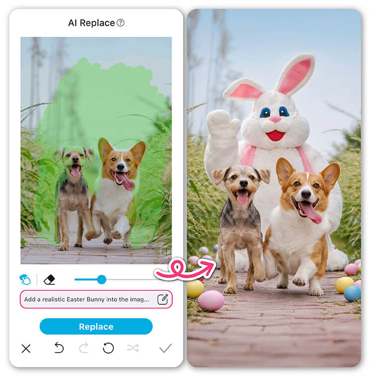 Utilisez l’outil Remplacement par IA pour ajouter un lapin de Pâques à vos photos en quelques secondes.