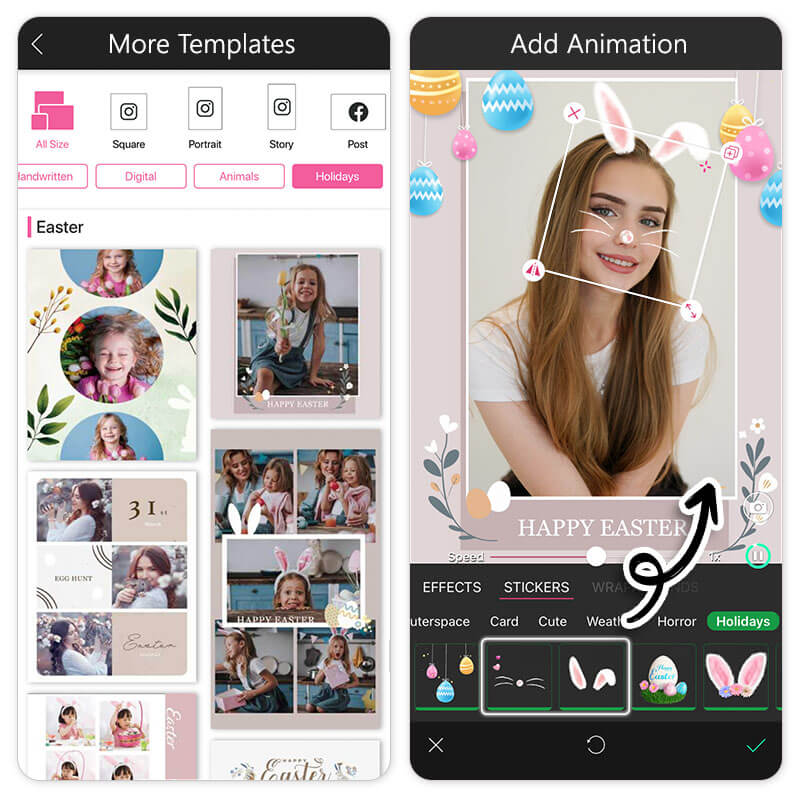 Customize your Easter collage by adding text, stickers, and effects. YouCam Perfect lets you easily personalize your Easter collage or template.