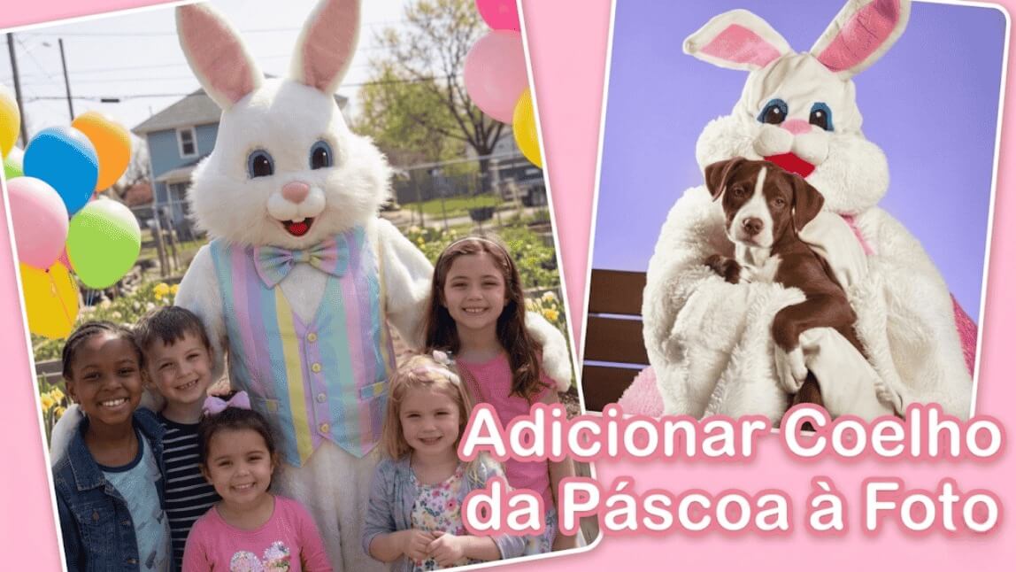 Crianças e cachorrinho posando com o Coelhinho da Páscoa em fotos criadas com IA no app YouCam Enhance