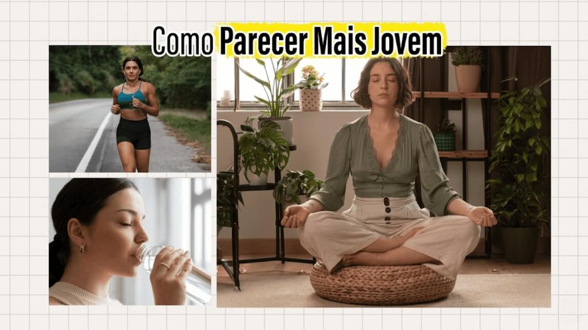 Mulher correndo, bebendo água e meditando — dicas de hábitos saudáveis para parecer mais jovem no dia a dia