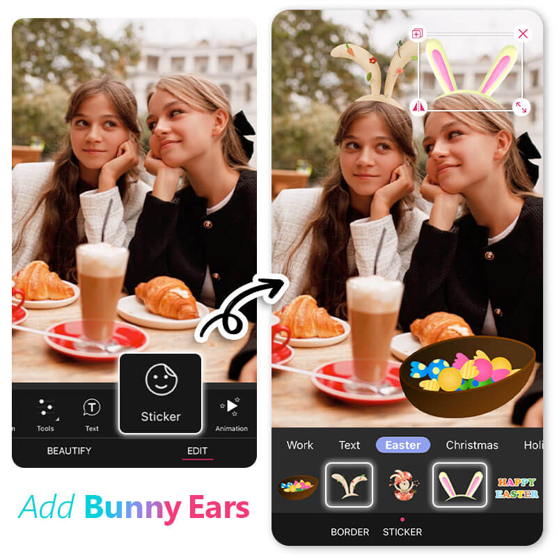 Add cute bunny ears to your Easter selfies with the Sticker feature.