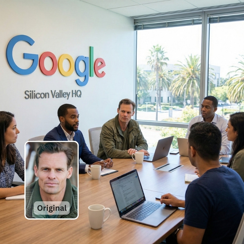 Person per KI ins Google-Büro Silicon Valley einmontiert – Vorher-Nachher