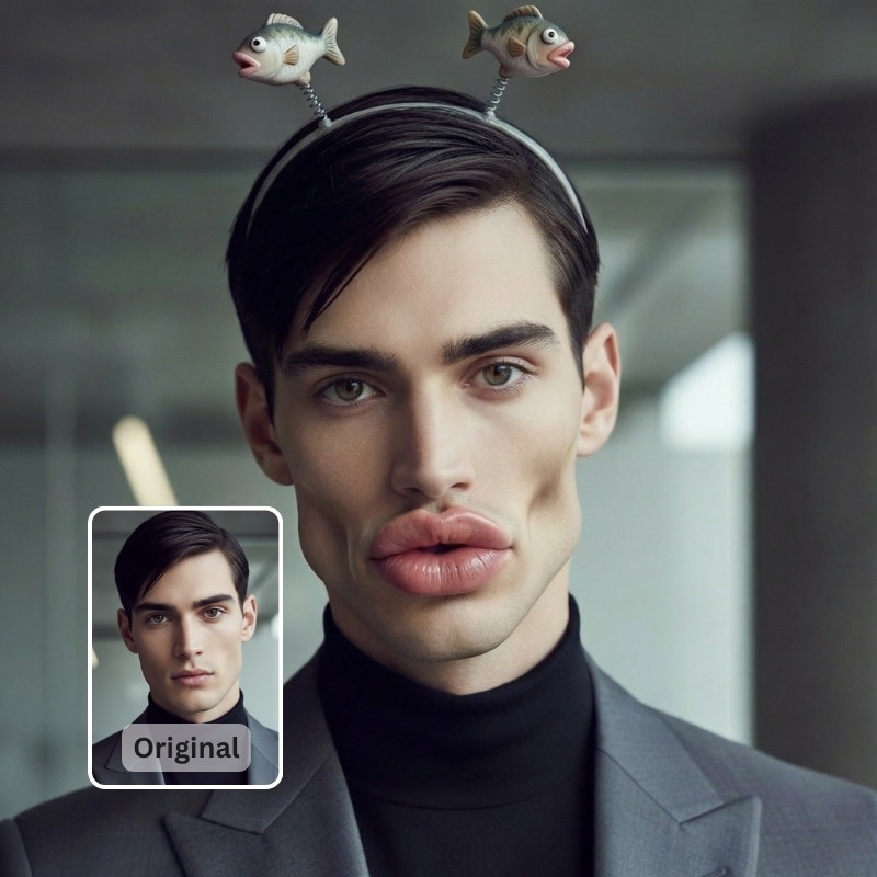 Mann im Business-Look mit Fisch-Haarreif auf dem Kopf – KI-Vorher-Nachher