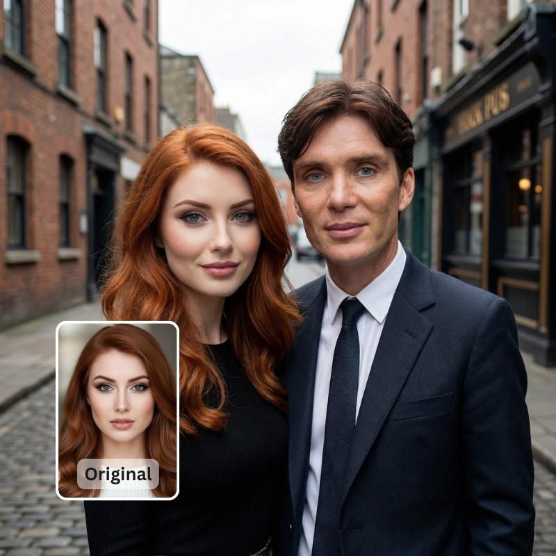 Frau neben einem Promi auf einer Kopfsteinpflasterstraße – KI-Vorher-Nachher