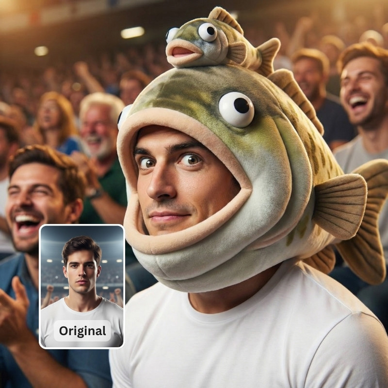 Mann mit riesigem Fischkostüm auf dem Kopf im Stadion – KI-Vorher-Nachher