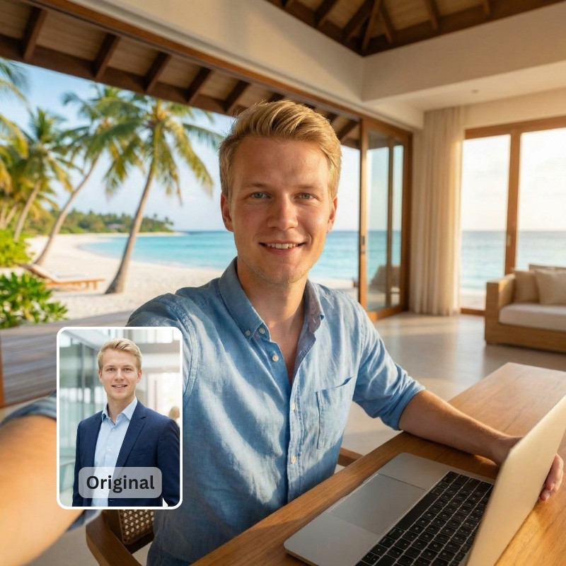 Mann arbeitet am Laptop in tropischer Strandvilla – KI-Fake-Homeoffice