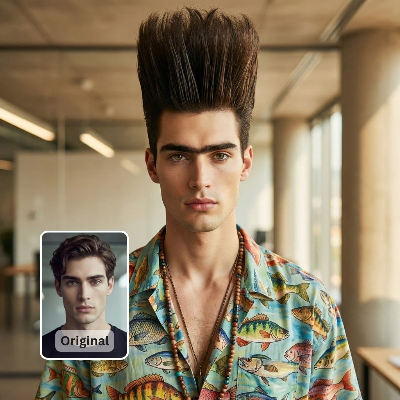 Mann mit absurder 80er-Turmfrisur und Fischmuster-Hemd – KI-Vorher-Nachher