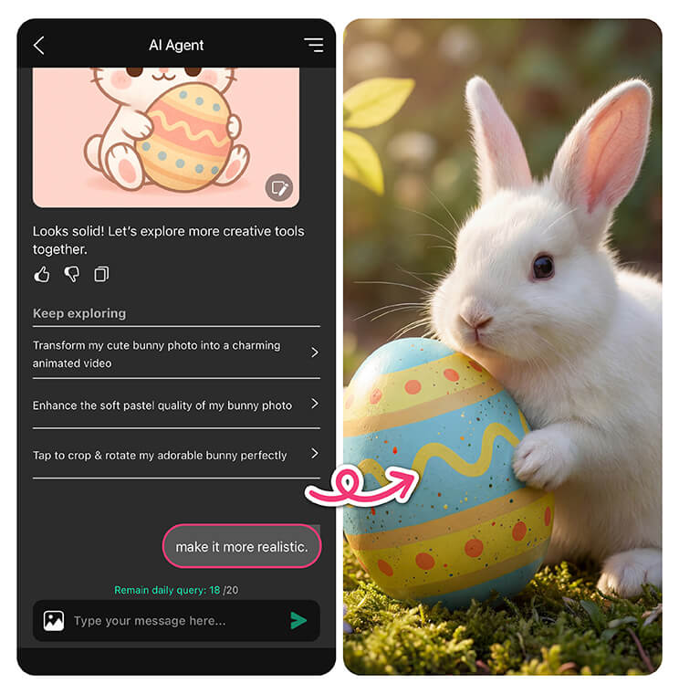 Chat with the AI Agent to adjust styles, colors, lighting, or composition of your Easter image.