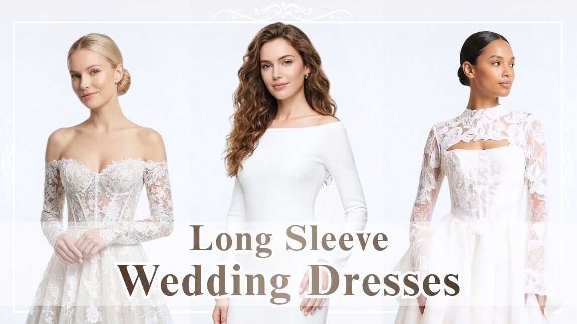Brides wearing different styles of long sleeve wedding dresses