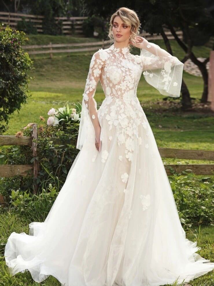 Floral Appliqué Long Sleeve Wedding Dress