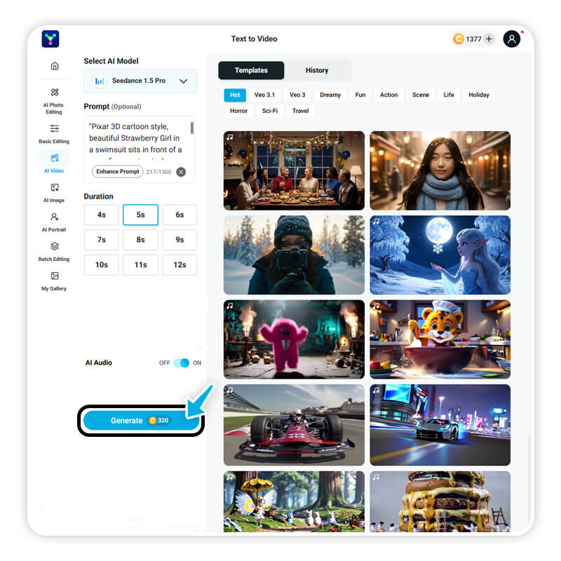Opções de modelo de IA no YouCam Online Editor, incluindo Google Veo