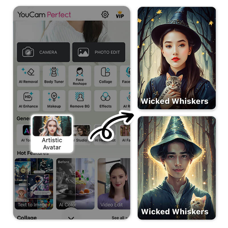 Filtro de Harry Potter com IA no estilo Wicked Whiskers do YouCam Perfect