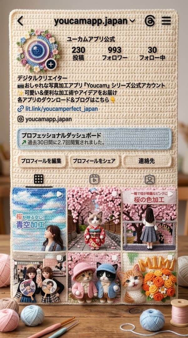 かぎ針編み風アレンジのインスタAIプロフカード