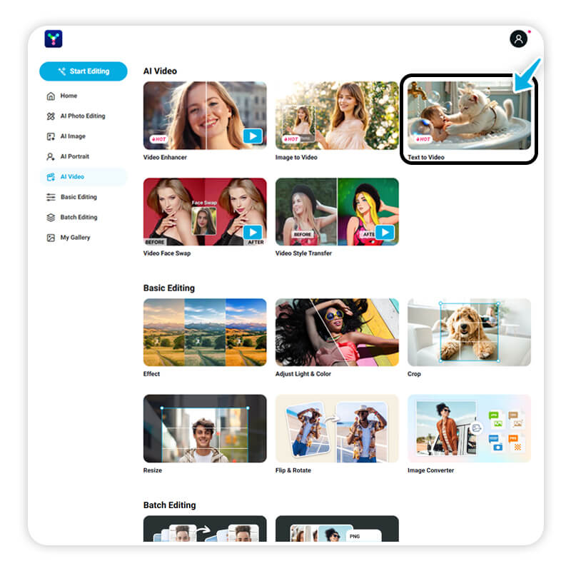 Interface do YouCam Online Editor para gerar vídeo a partir de texto