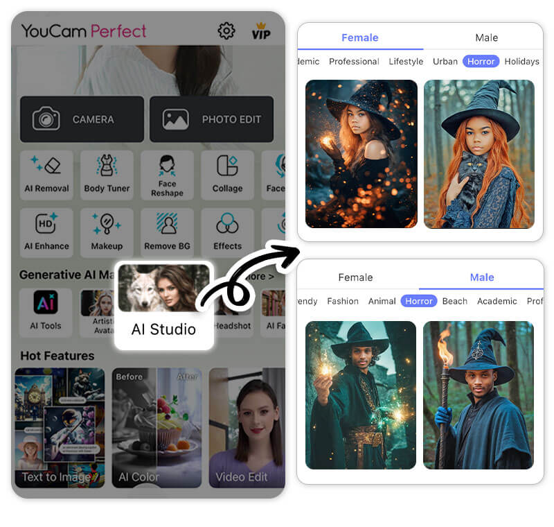 Filtros de bruxo e bruxa com IA no AI Studio do aplicativo YouCam Perfect