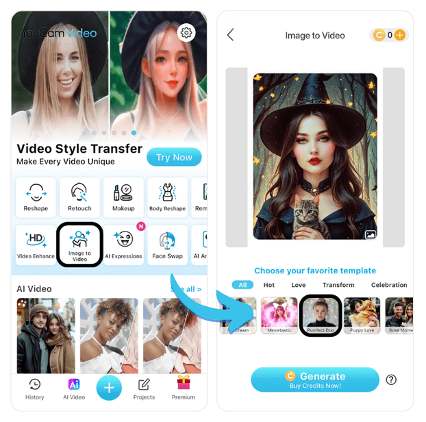Transforme foto de Harry Potter em vídeo com IA usando o aplicativo YouCam Video
