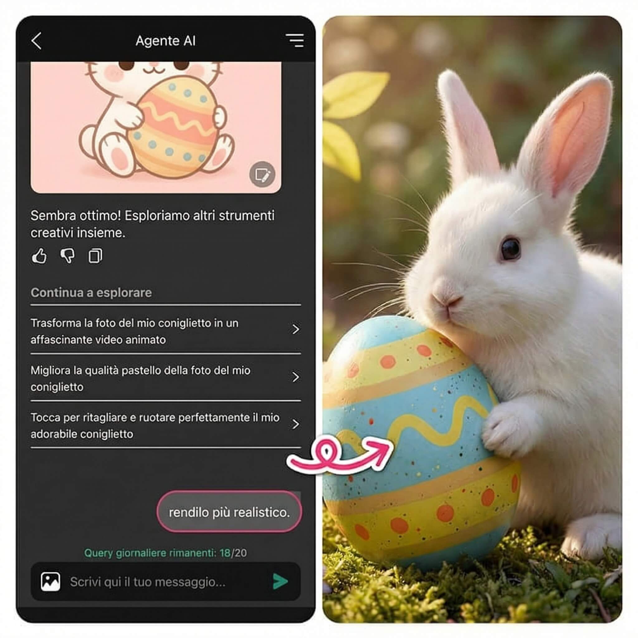 Chatta con Agente AI e fai modifiche aggiuntive alla tua immagine di Pasqua con facilità.