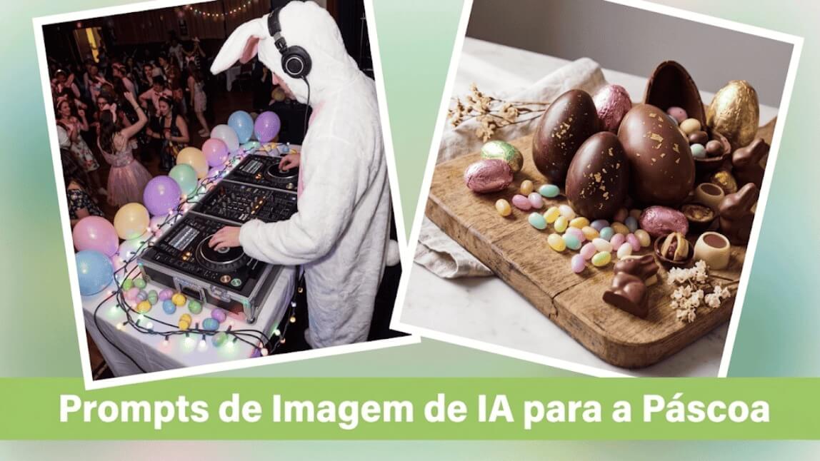 Prompts de IA para Páscoa: coelho DJ em festa e ovos de chocolate decorados gerados com IA no YouCam Perfect.