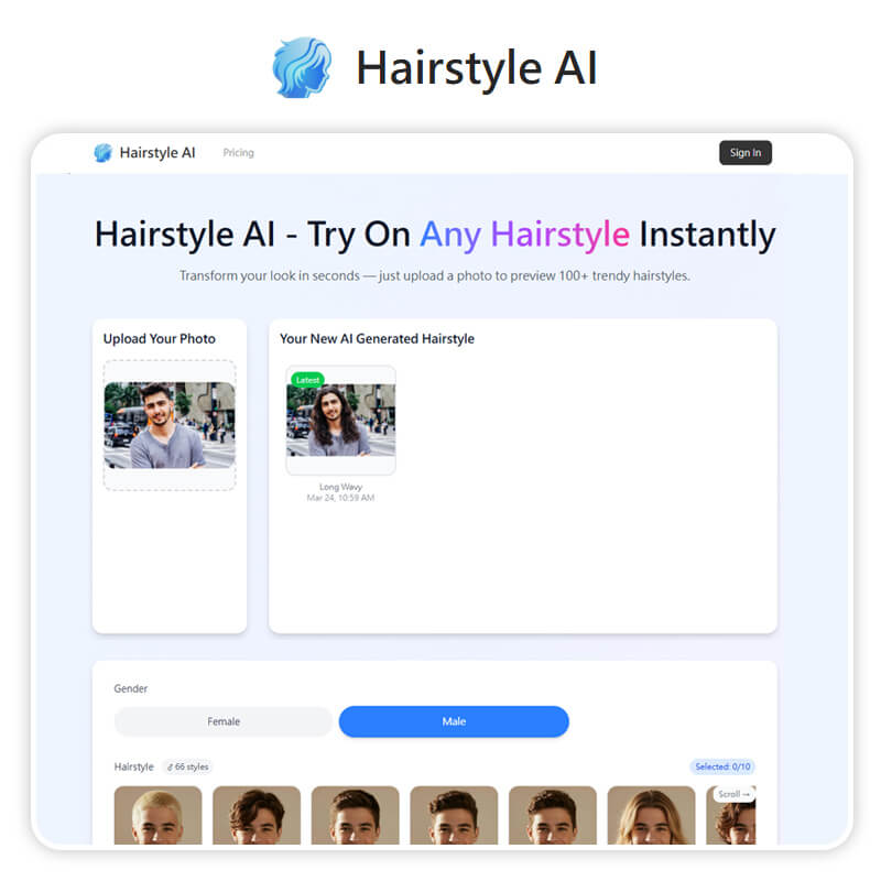 hairstyleai.ai is a web-based tool that uses AI to help users try different hairstyles. Experiment with one of the top hairstyle app for men.