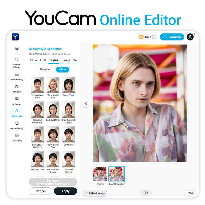 YouCam Online Editor brings hairstyle editing to the web. Try on hairstyles for men without installing the app using YouCam Online Editor.