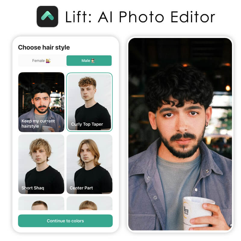 Liftapp is a modern hairstyle and look exploration tool powered by AI. Visualize different hairstyles for men in seconds using this hairstyle app for men.