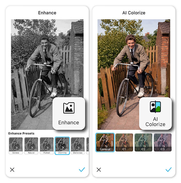 Photo Repair applies automatic restoration in seconds. Instantly fix old damaged photos with YouCam Enhance app.