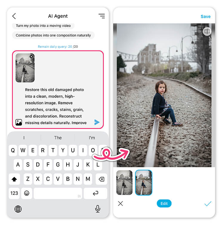 Type in ChatGPT photo restoration prompts into AI Agent. Instantly improve your old photos using AI Agent tool.